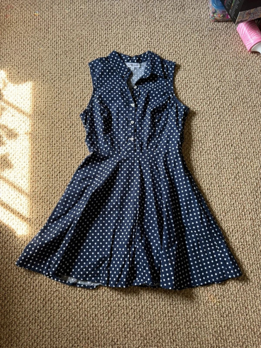 Navy polka dot button up collard dress